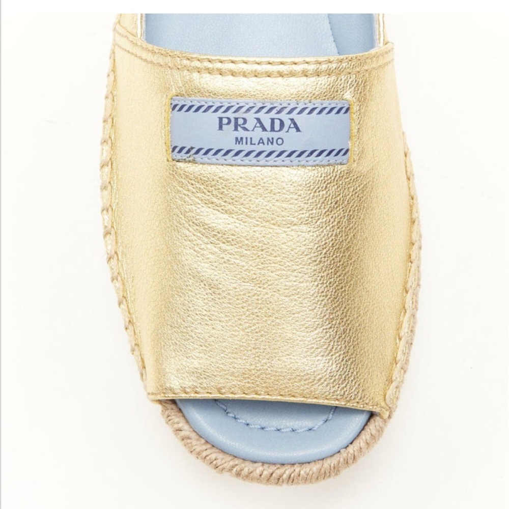 PRADA metallic gold leather logo peep jute platform espadrille shoe EU38